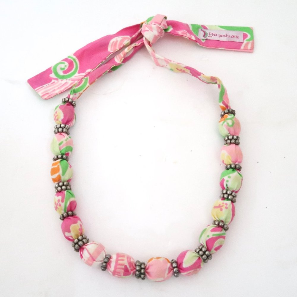 PEAPOD.ORG printed fabric covered bead necklace